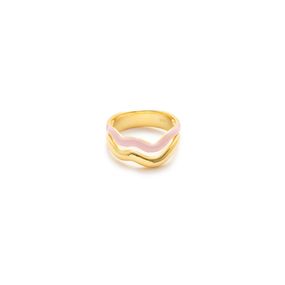 Anillo Carmín Doble Onda de Plata 925 con Baño Dorado Combinado con Esmaltado Rosa
