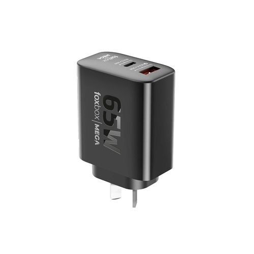 Cargador de Pared Gan 65w Foxbox Mega Negro con Cable Round Type-C A Lightning