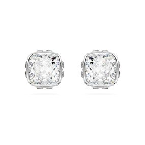 Pendientes de Botón Swarovski Birthstone, Talla Cuadrada, Abril, Blancos, Recubrimiento en Rodio