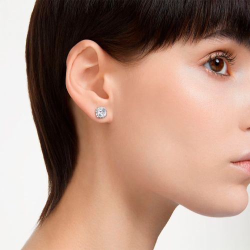 Pendientes de Botón Swarovski Birthstone, Talla Cuadrada, Abril, Blancos, Recubrimiento en Rodio